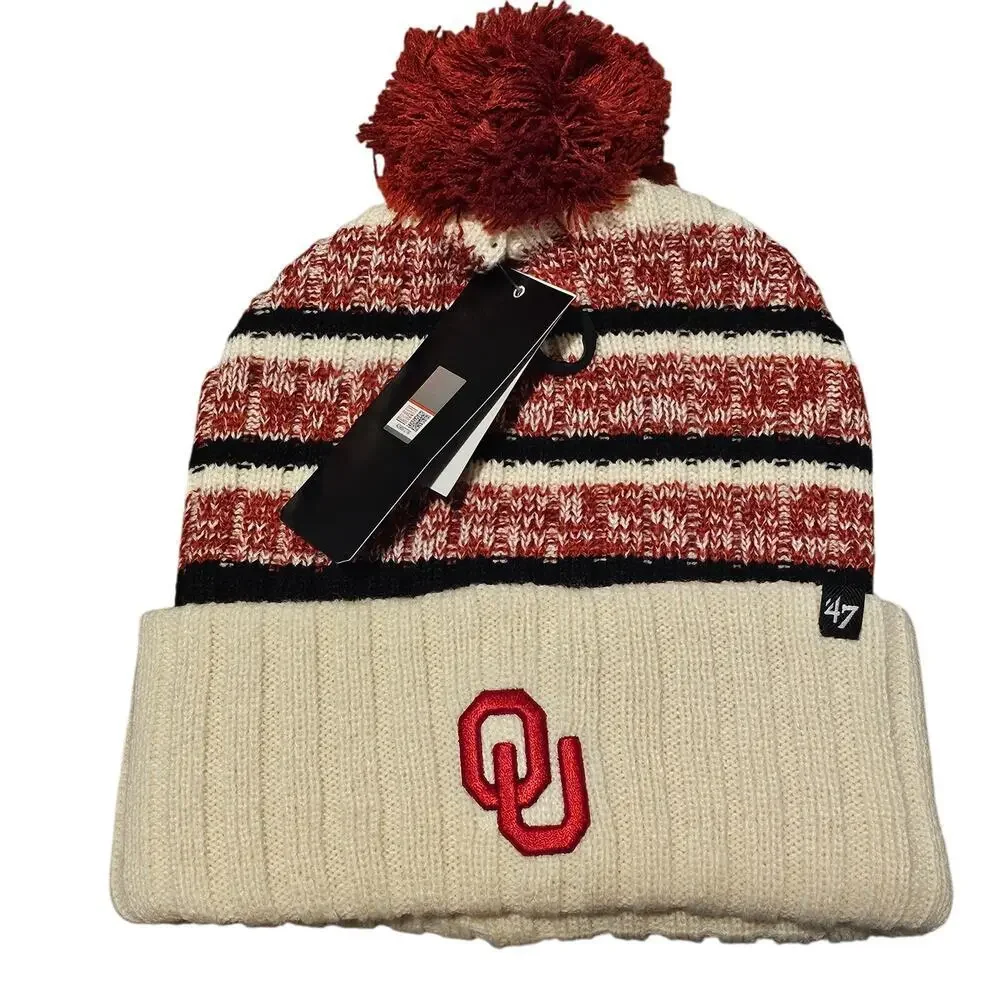47 University of Oklahoma Sooners Beanie Hat Red OU Cuffed Ribbed Pom Pom Knit B